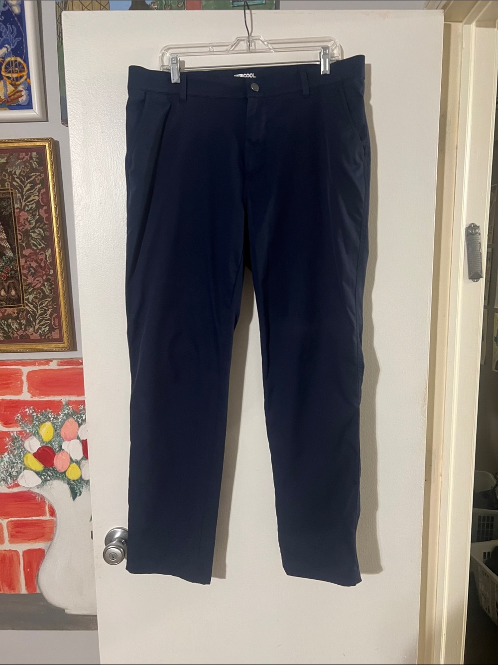32 degrees cool stretch performance dark blue pants. Flat front